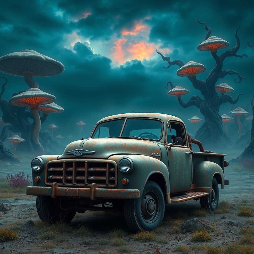 Mystical Pick-Up Truck in a Gritty Fantasy Landscape