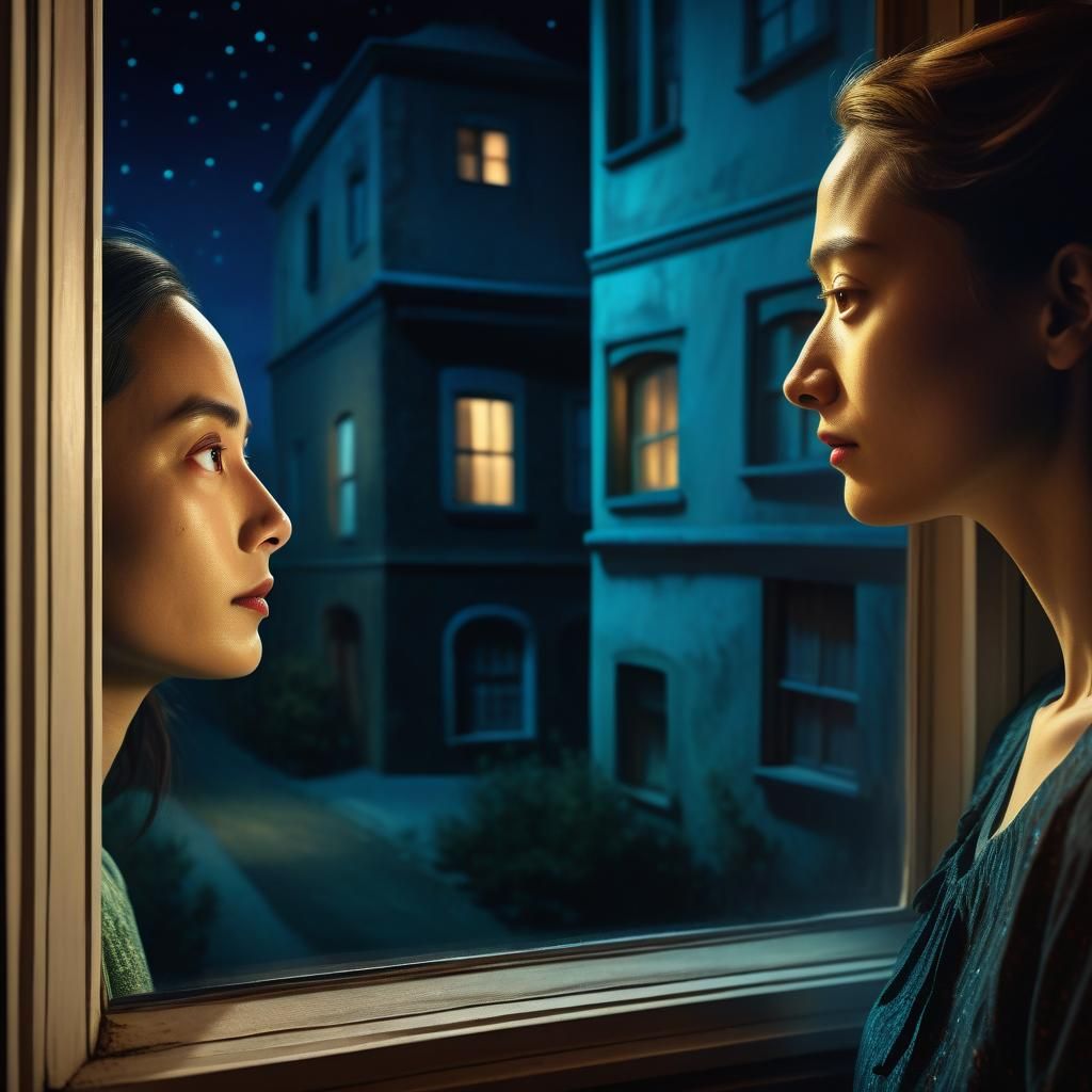 Surreal Mirror Image of Women at Night