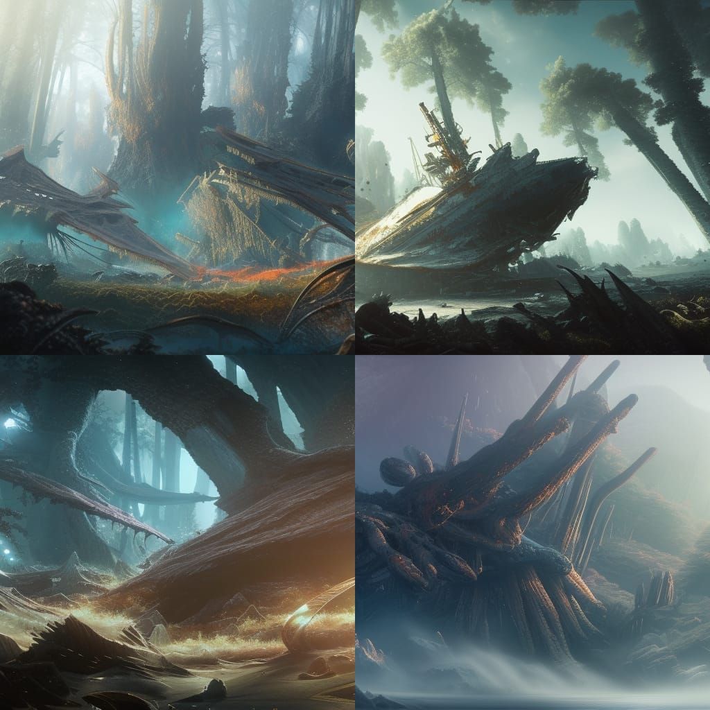 Crashed White Spaceship on Forest Planet: Matte Painting