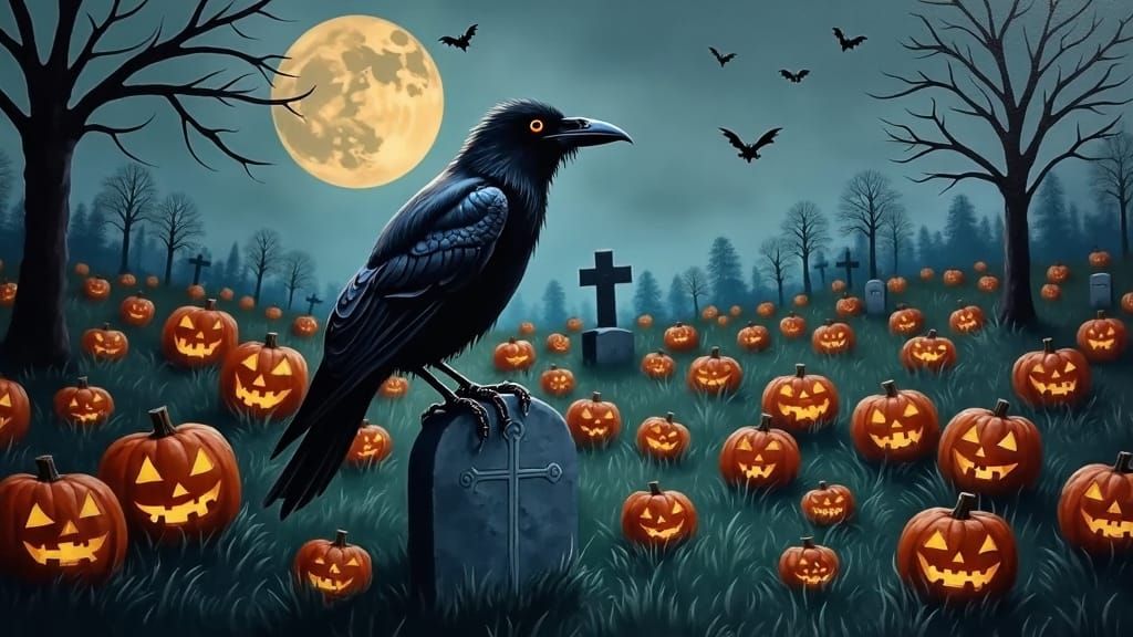 Raven in Graveyard of Jack-o'-Lanterns as Oil Painting