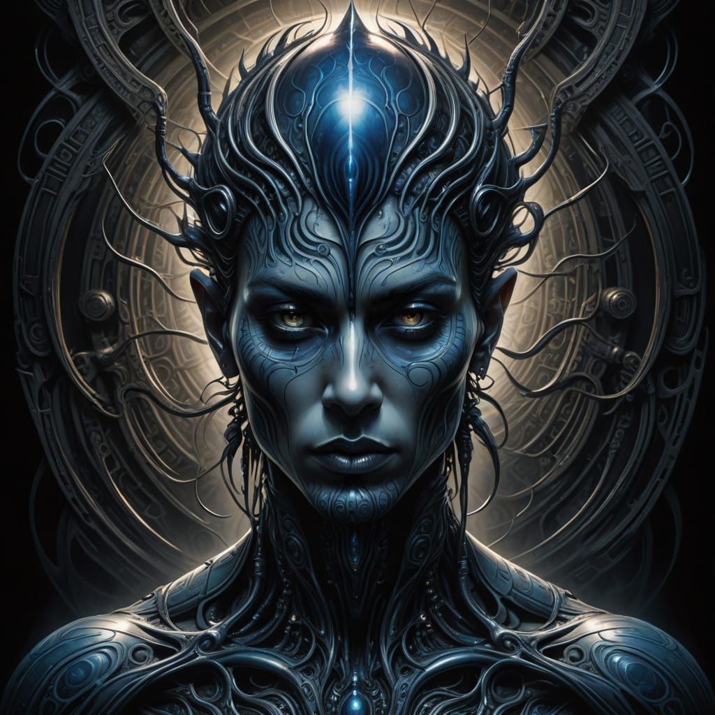 Surreal Saphir Onion Portrait in Dark Futuristic Style