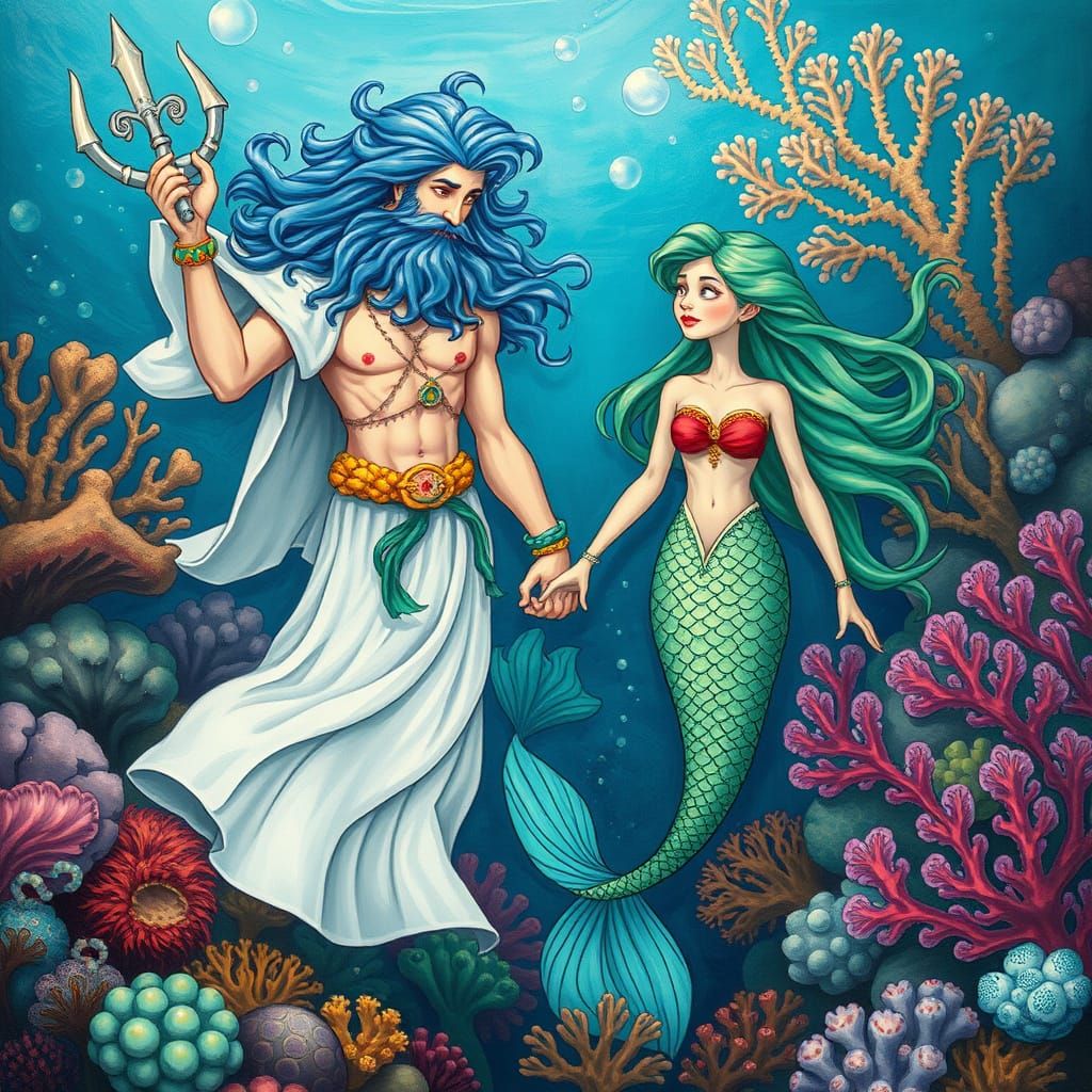 Poseidon and Mermaid in Coral Reef, Whimsical Art