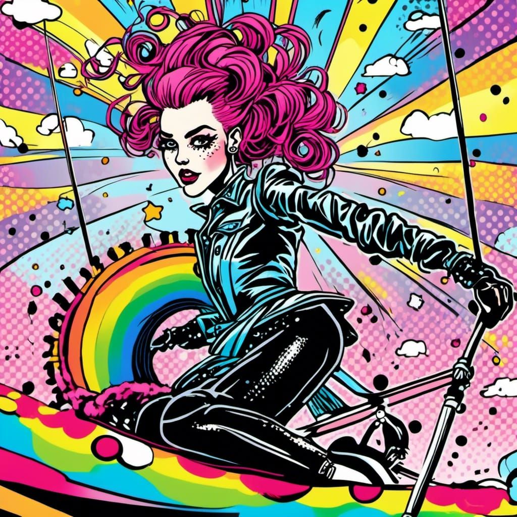 Punk Rock Girl on Rainbow Carousel in Pop Art Style