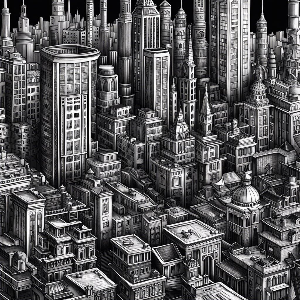 Detailed Ink Illustration of a Black and White City