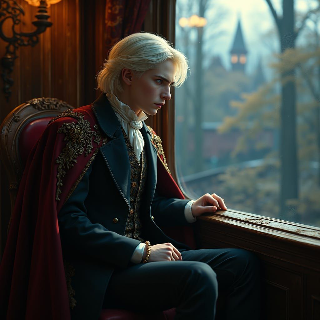 Elegant Young Wizard in Regal Attire on the Hogwarts Express