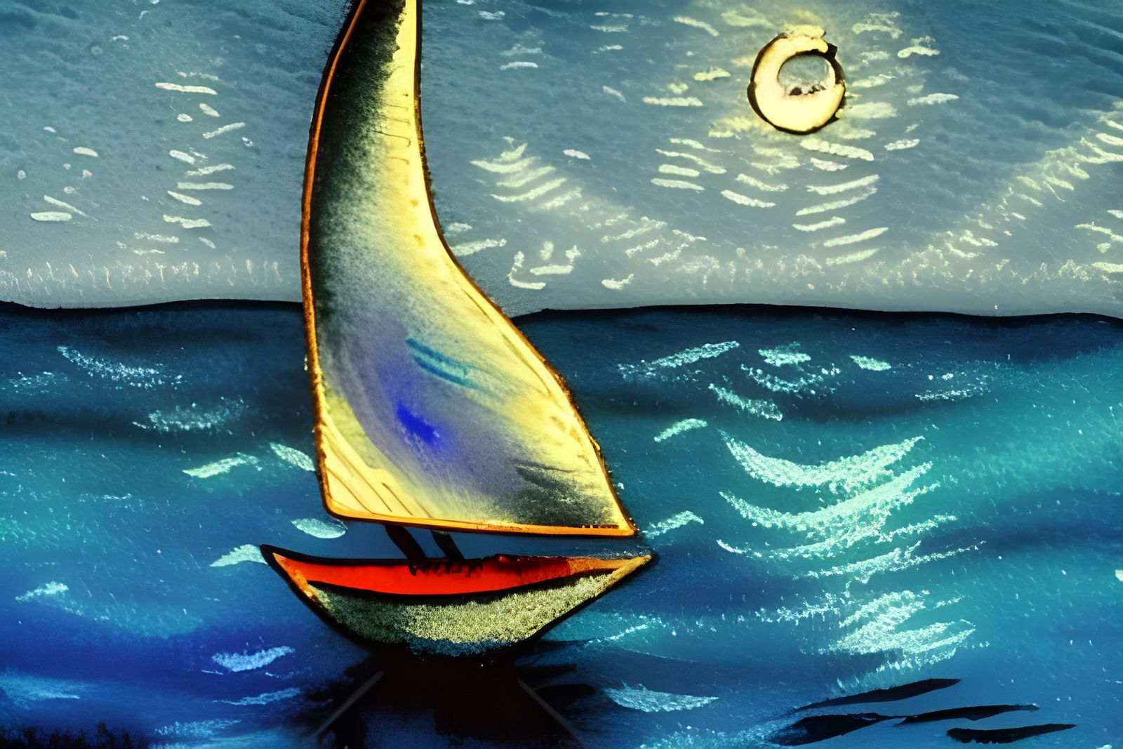 Moonlit Sailboat Scene in Gouache Watercolor Style