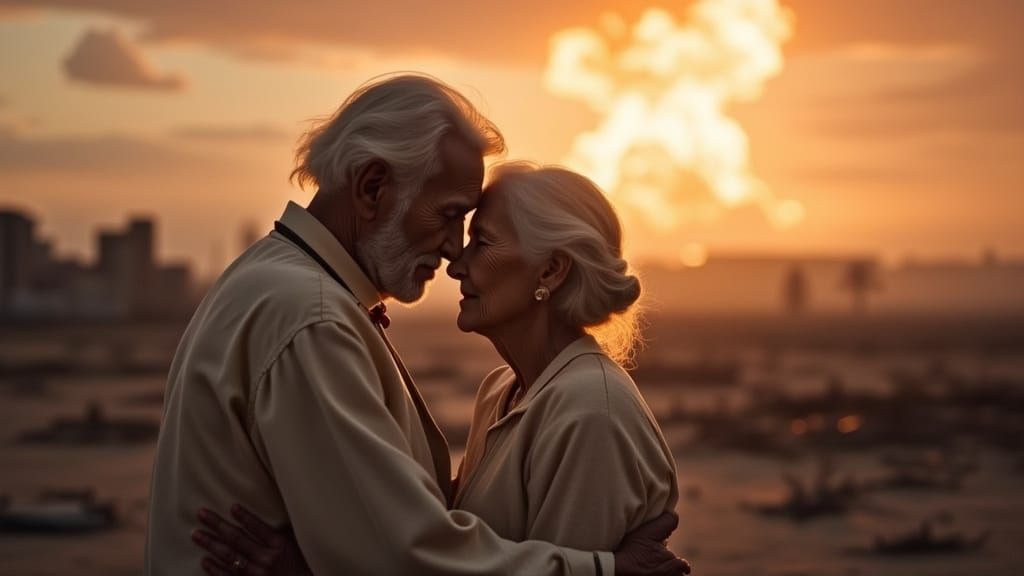 Elderly Couple Embraces Amidst Post-Apocalyptic Sunset