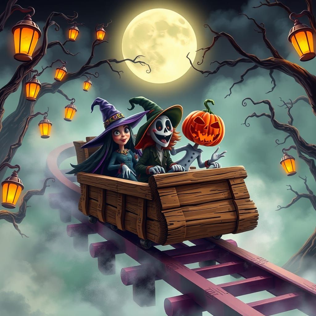 Halloween characters riding a spooky roller-coaster.