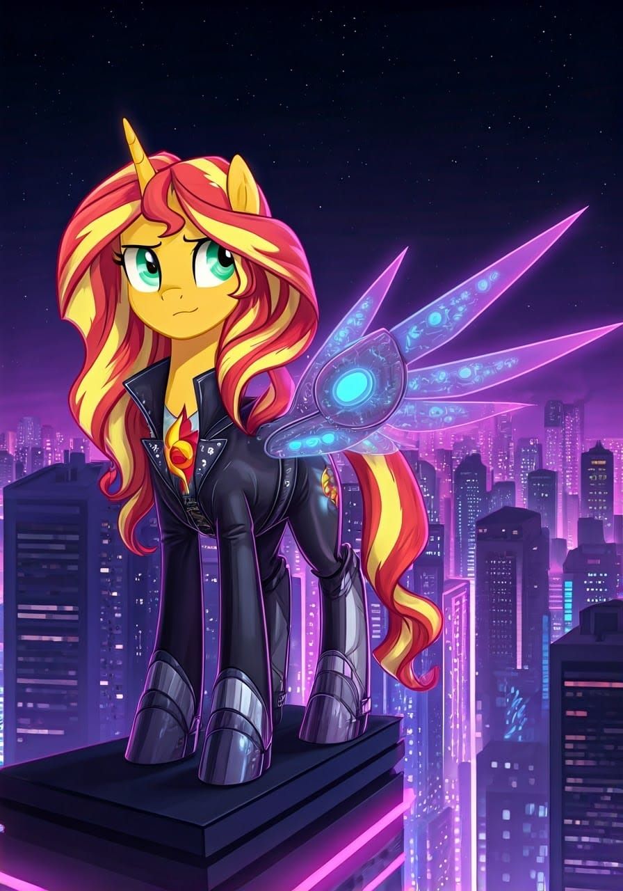 Sunset Shimmer in Cyberpunk Cityscape