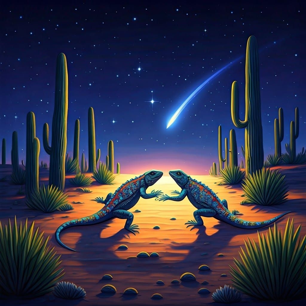 Lizards Dancing in Desert Starlight: Whimsical Folk Art