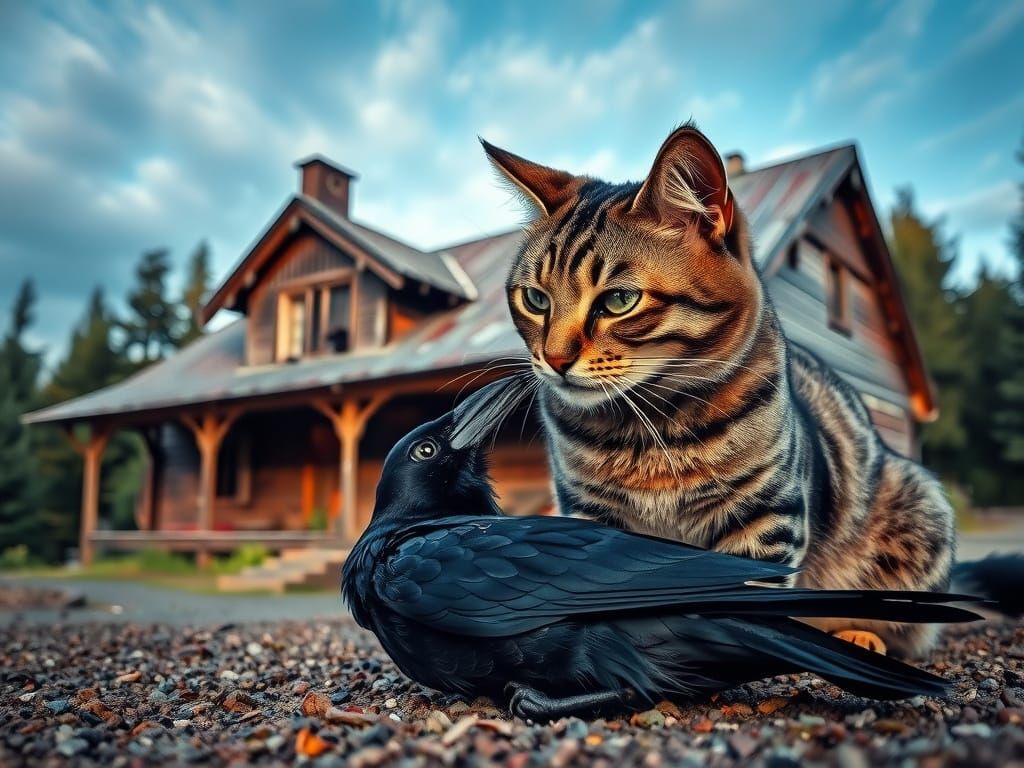 Hyperrealistic Cat with Crow in Atmospheric Setting