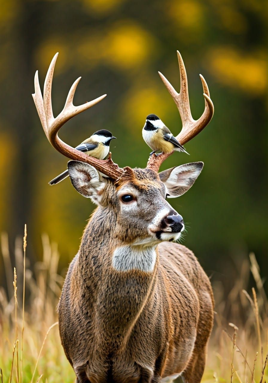 Buck with Chickadees: Wildlife Photography