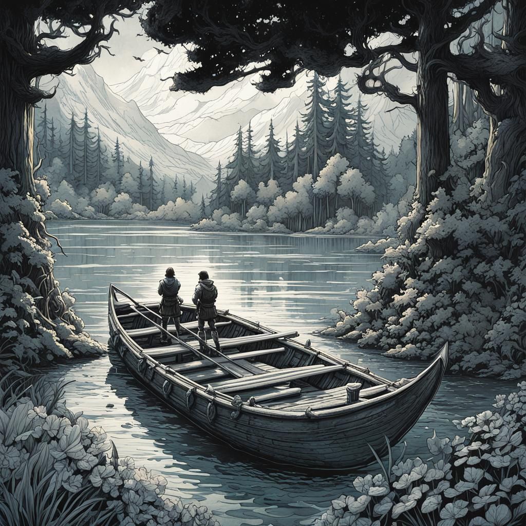 Raft on Forest Lake: Retro D&D Illustration