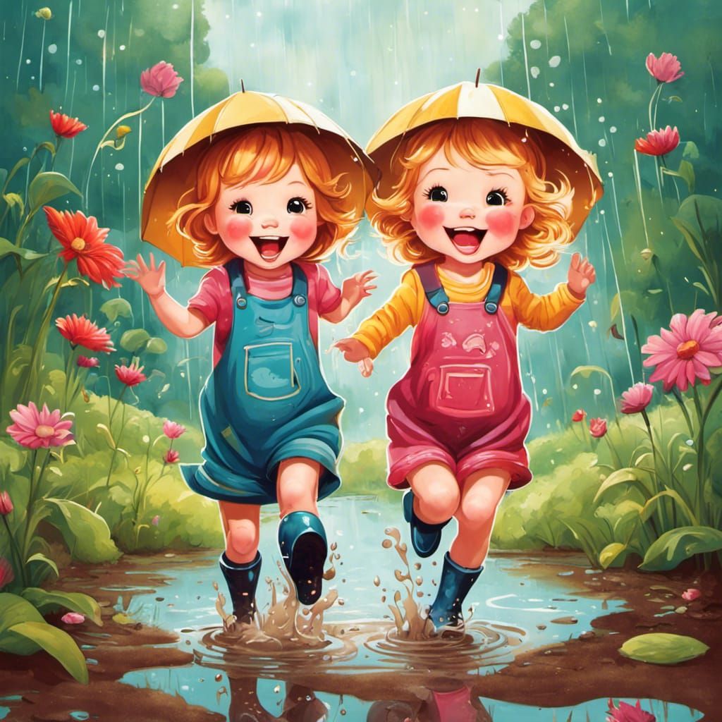 Toddlers Jumping in Muddy Puddle, Cute Illustration