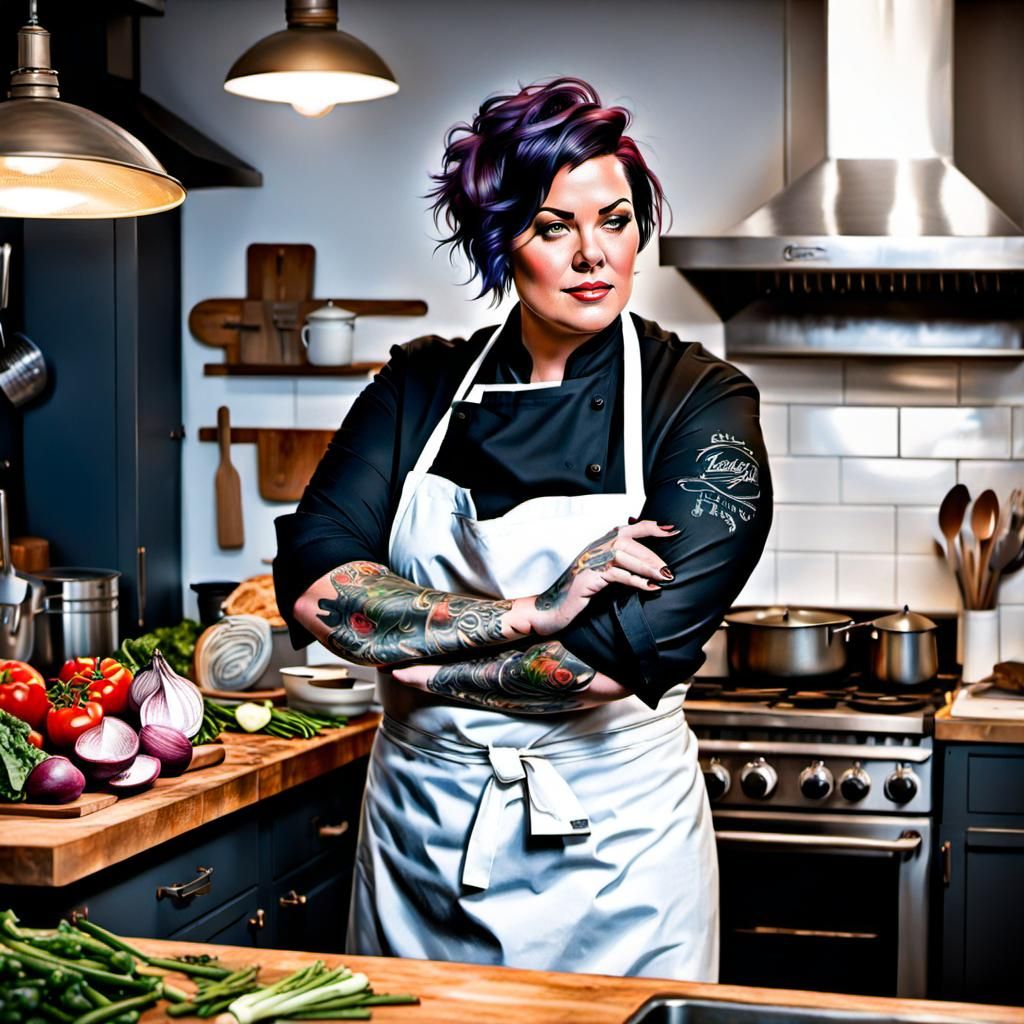 Ink Painting: Plus Size Chef in a Busy Kitchen