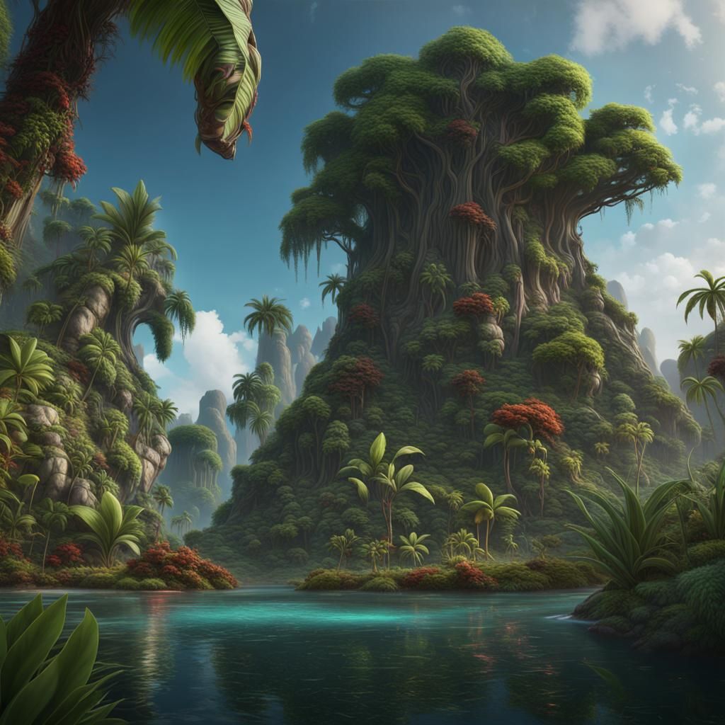 Lush Tropical Island Paradise: Detailed Fantasy Art