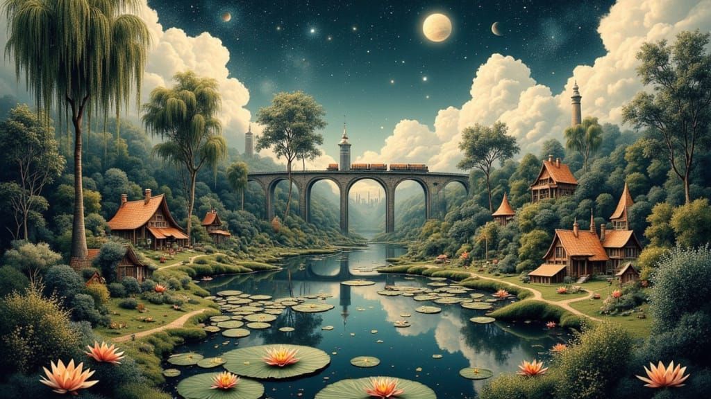 Miniature Villages on Giant Waterlilies Under Starry Night S...