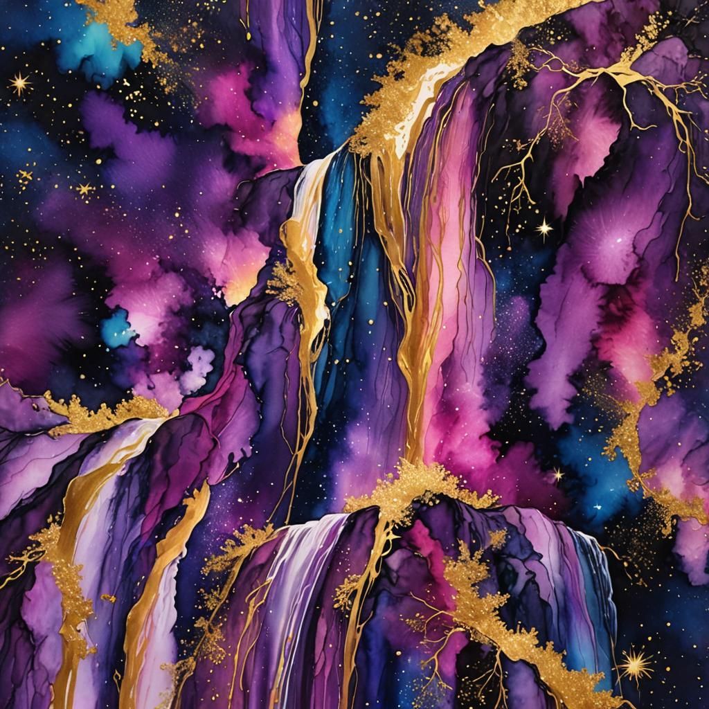 Cosmic Waterfall: Alcohol Ink Painting of Galaxy