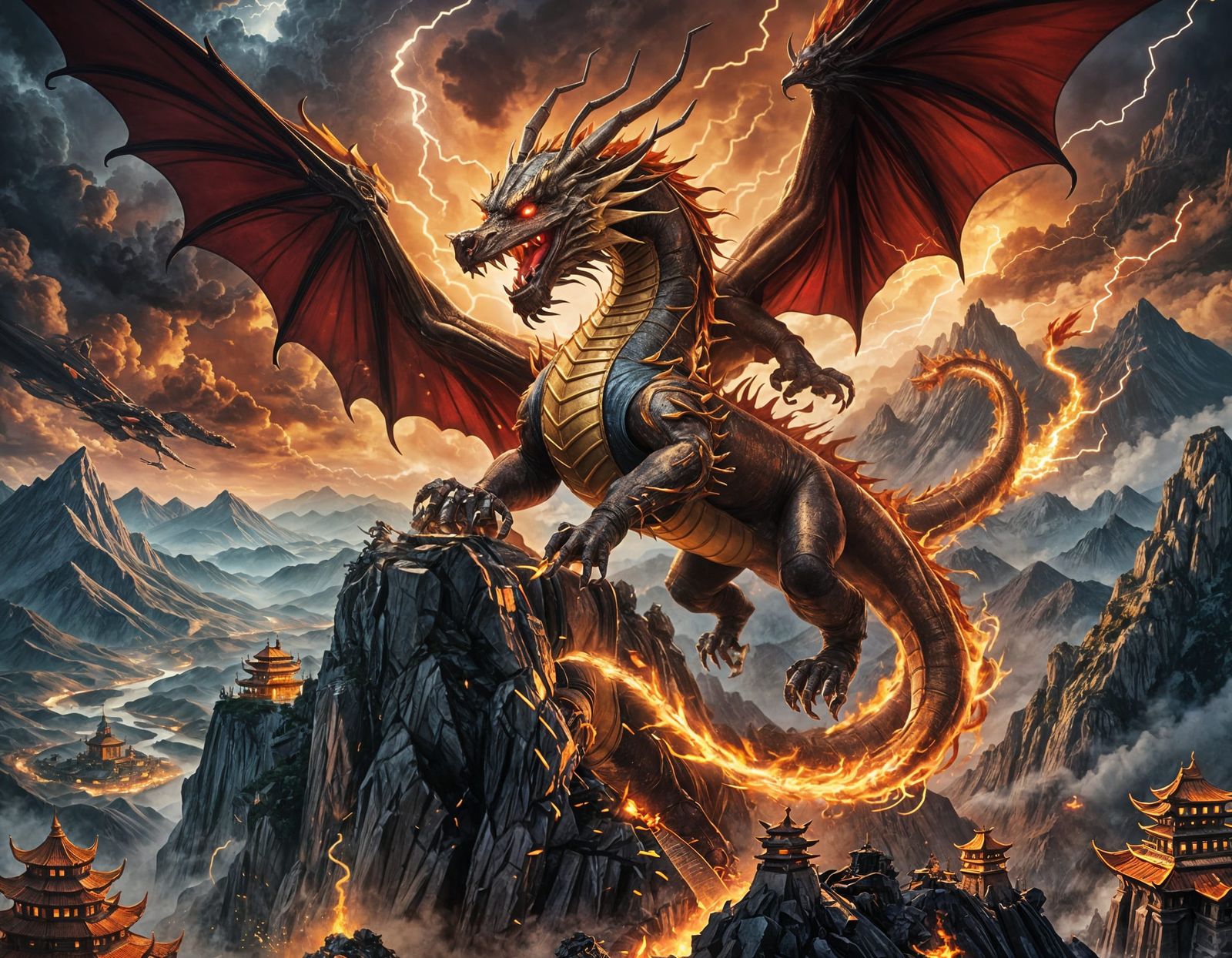 Chinese Dragon Soaring Over Mountain Range in Anime Style