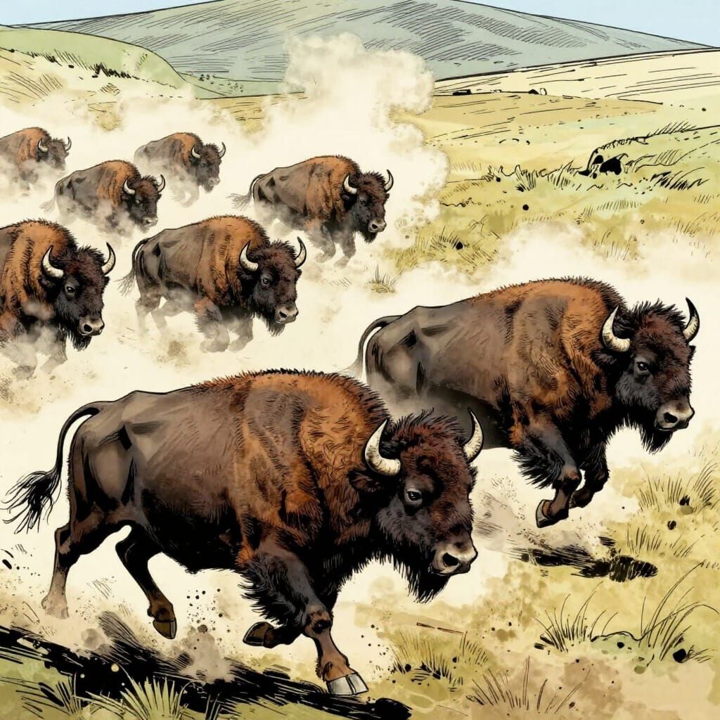 Wild Bison Herd Runs Amidst Dust Clouds