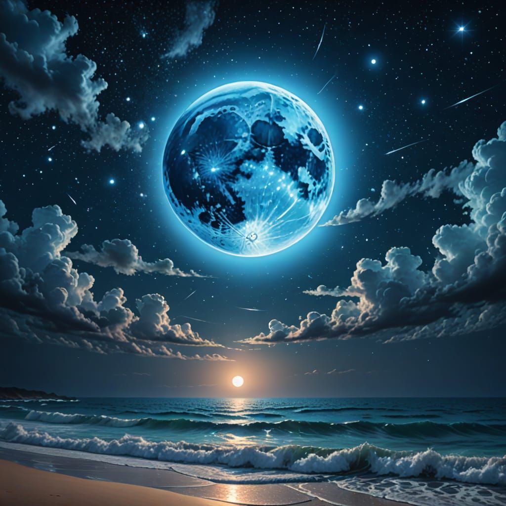 Luminous Blue Moon Over Ocean at Night