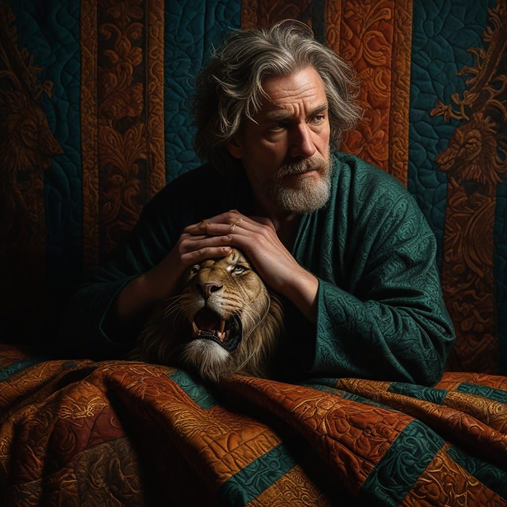 Weary Man in Luxurious Quilt with Demonic Lions