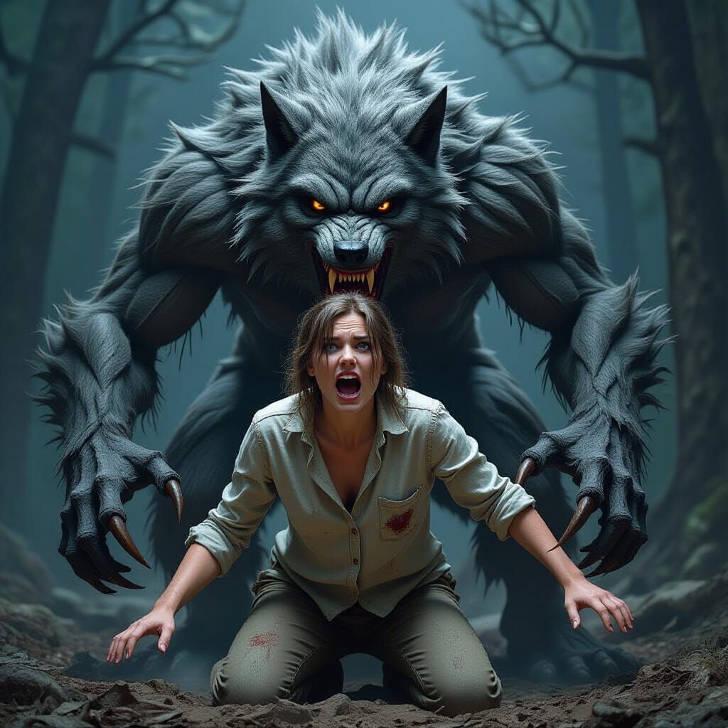 Werewolf Attack in Horror Art Style
