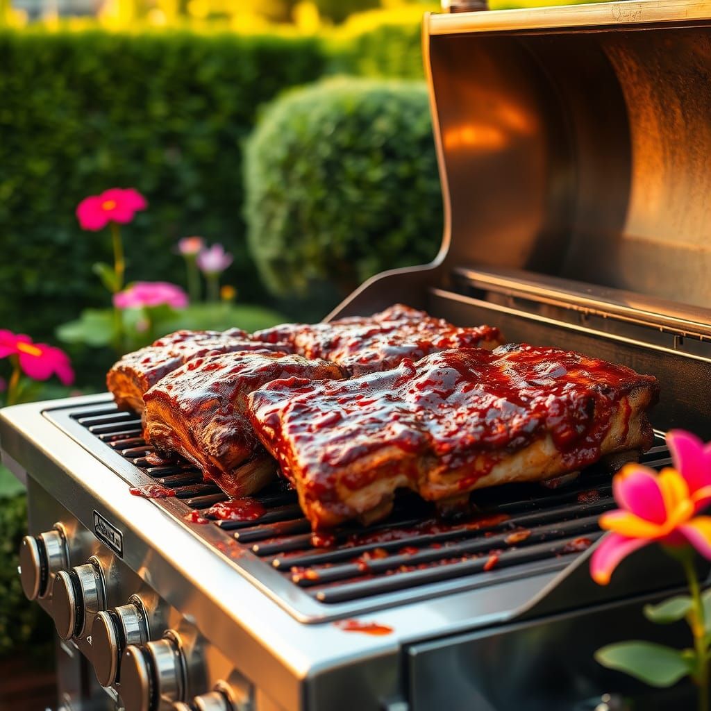 Pork ribs on barbecue machine in private garden of Michelin star restaurant.