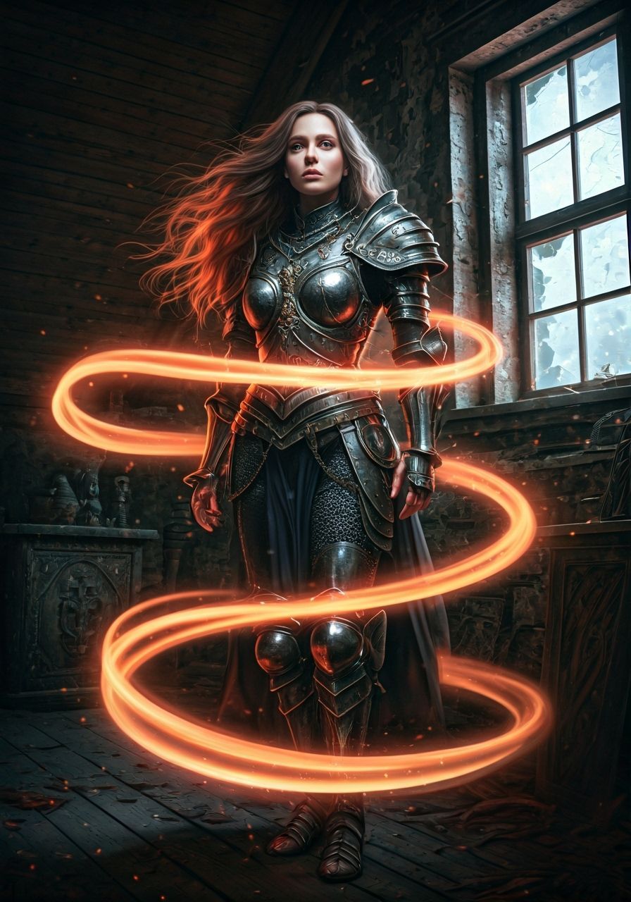 Mystical Warrior with Magic Ribbons in Fantasy Attic