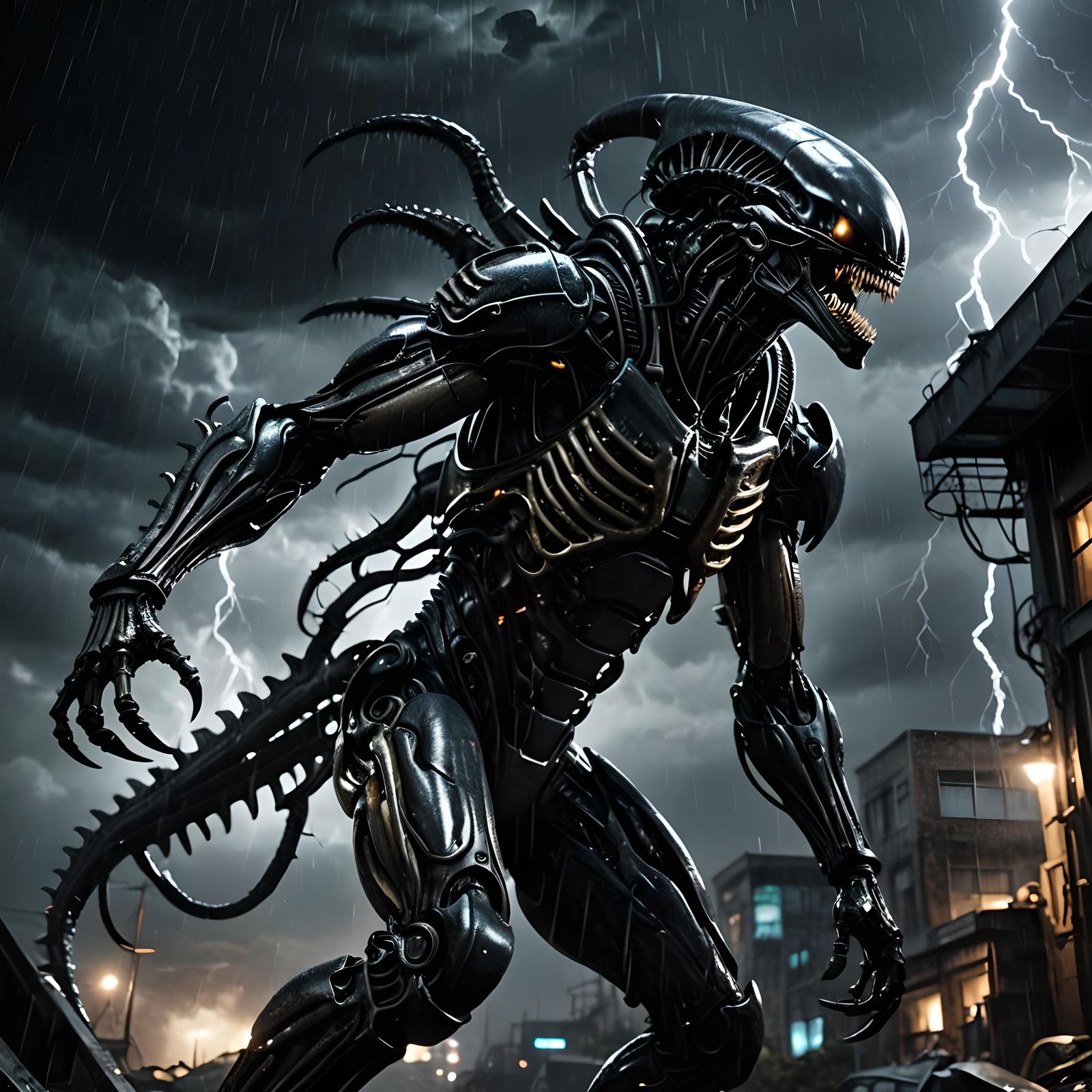 Hyperrealistic Xenomorph Alien in Midnight Thunderstorm