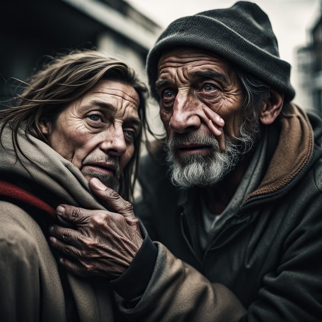 Compassionate Portrait of a Woman Helping Homeless Man