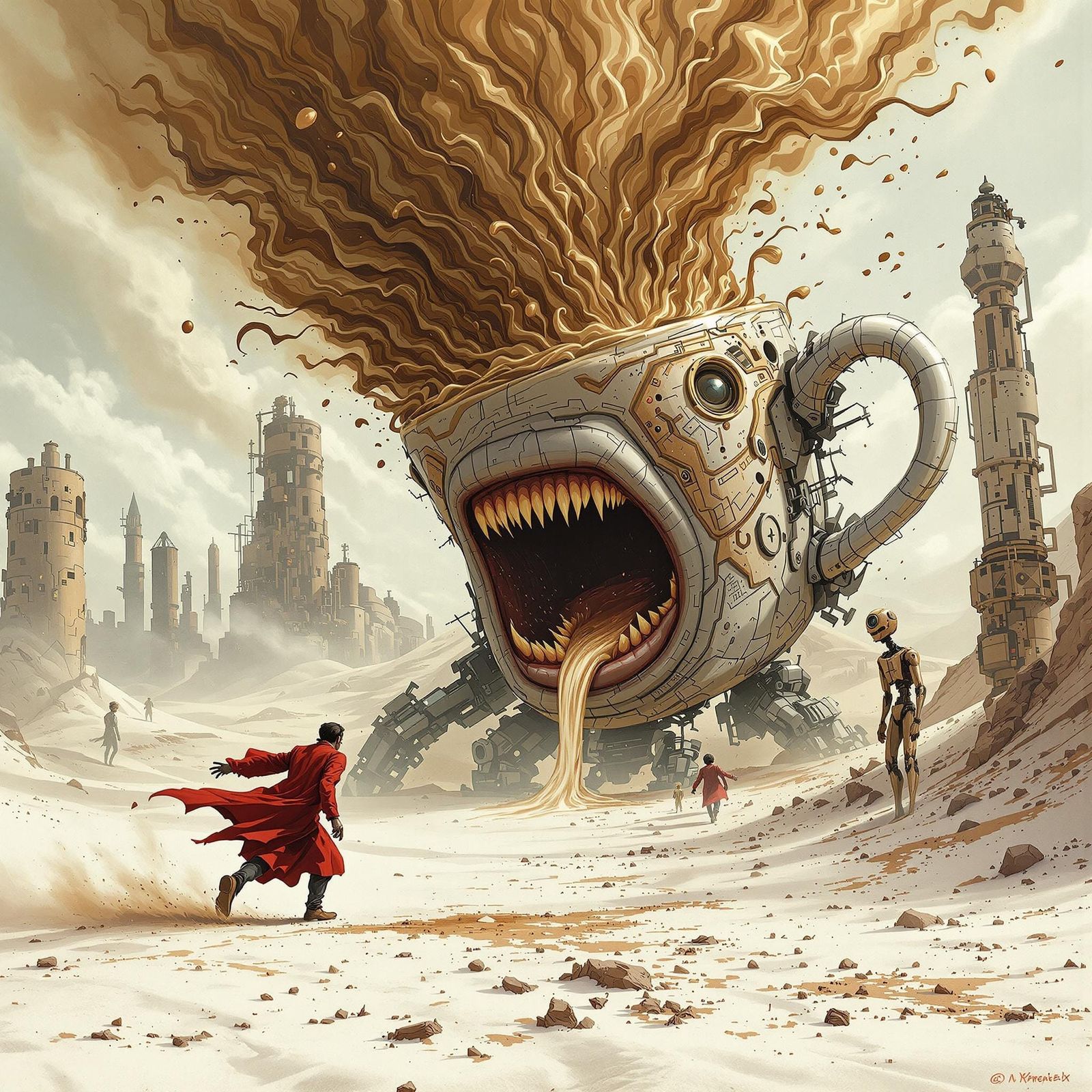 Disheveled Gentleman Sprints Toward Cartoonish Coffee Cup in...