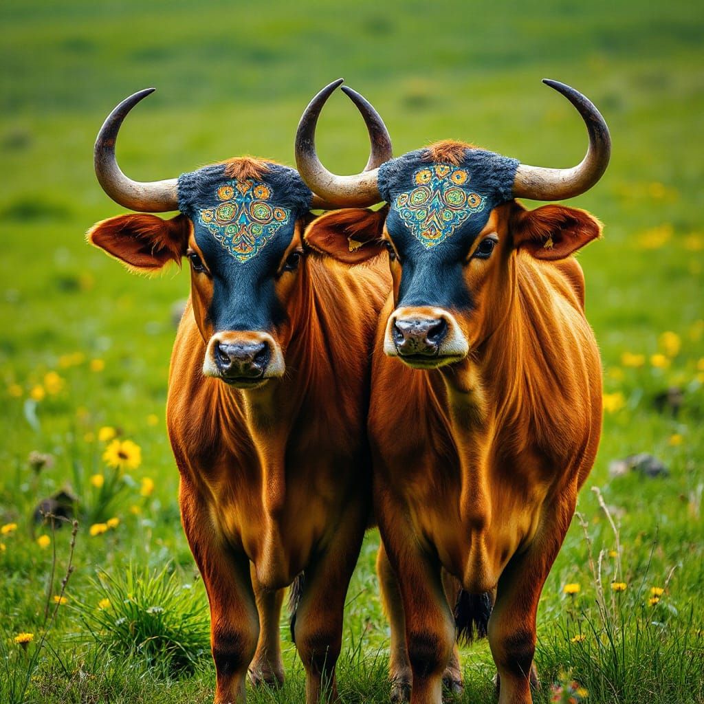 Majestic Jersey Cows Adorned with Tribal Masks in a Vibrant ...