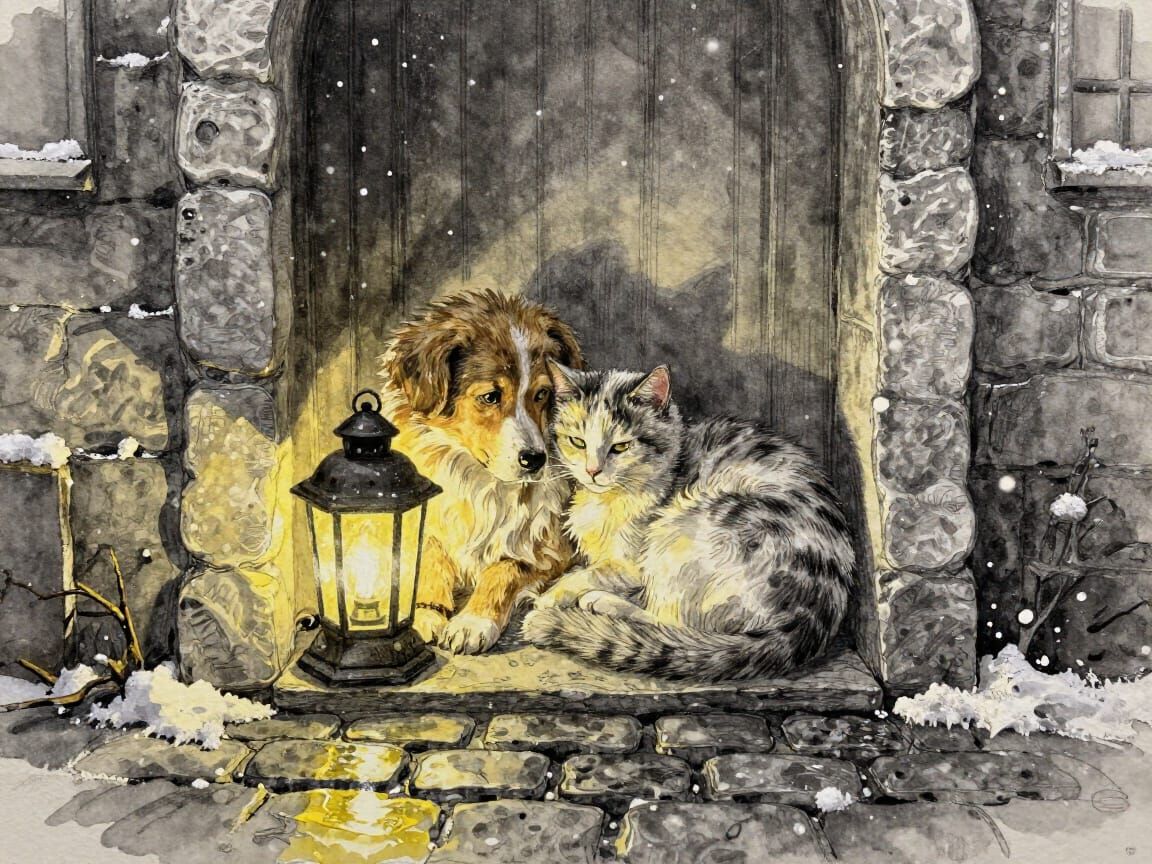 Dog and Cat Cozy in Alley Nook Watercolor-Gouache Painting