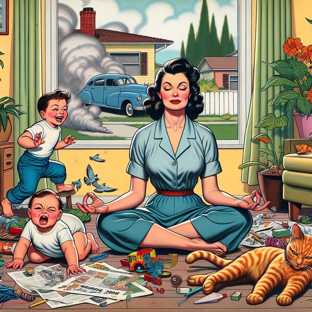 Humorous Meditation Amidst Domestic Comic Chaos