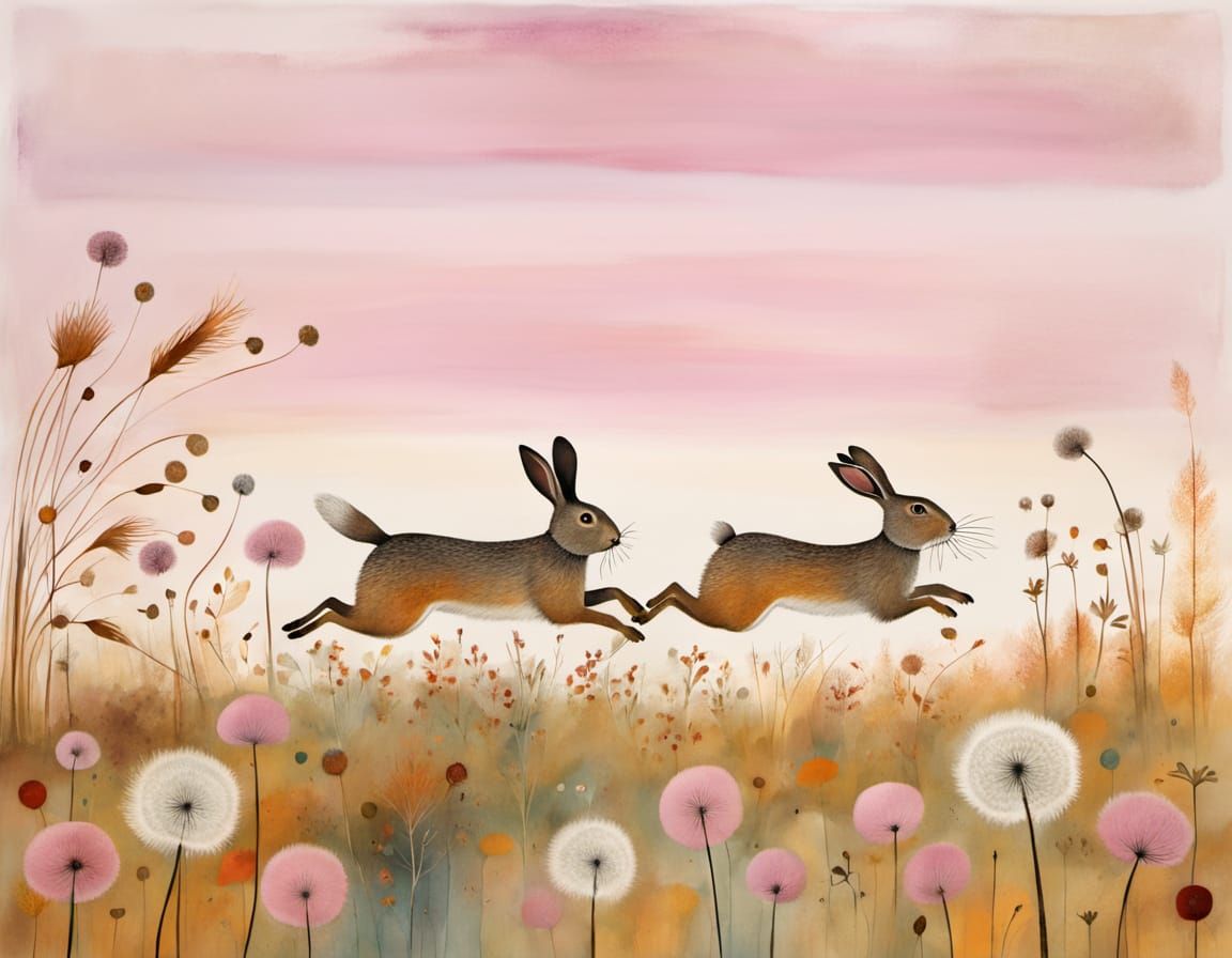 Two Adorable Rabbits Running in Autumn Field