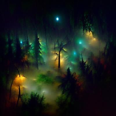 Nighttime Fog Shrouds Forest Landscape