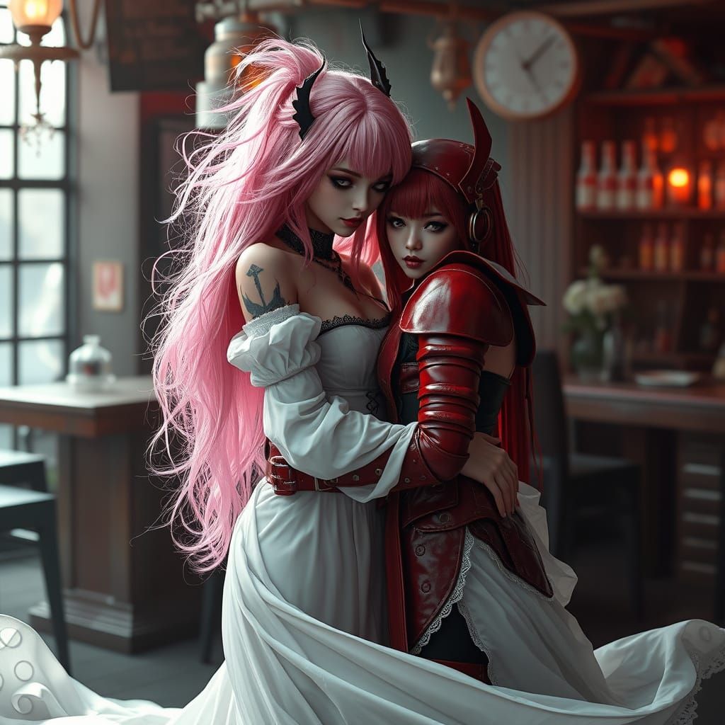 Goth Goddess Embraces Barmaid in Cyberpunk Fantasy