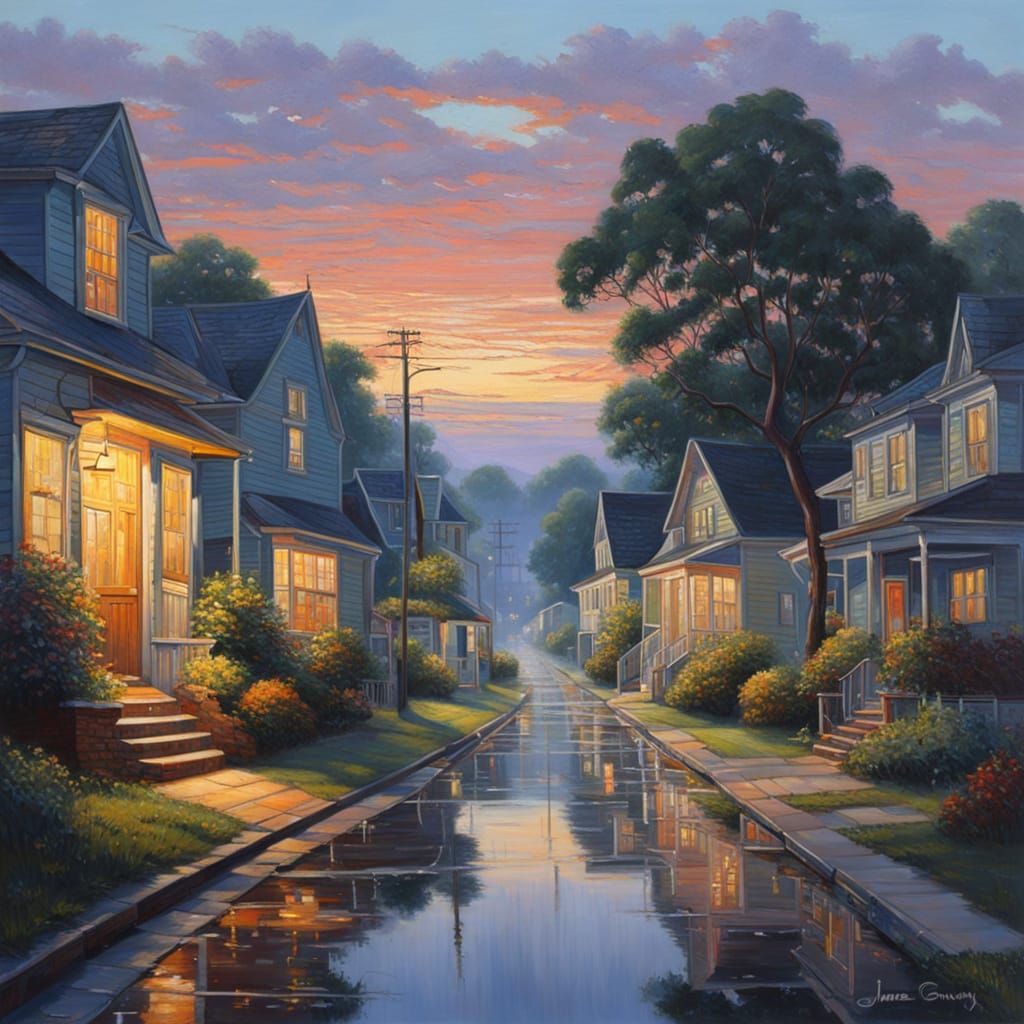 Surreal Suburban Dawn in Oil Painting Style