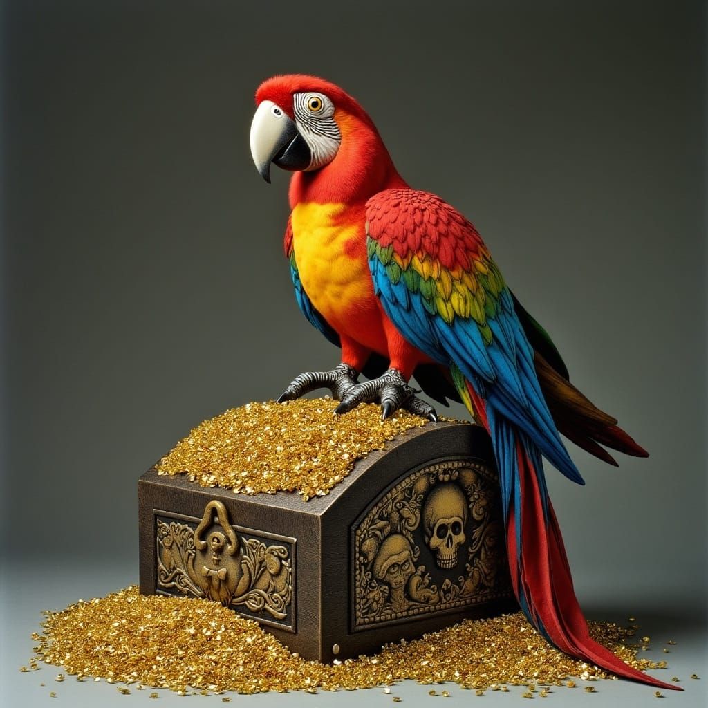 Giant Pirate Parrot on Gold Chest, Cartoon Style