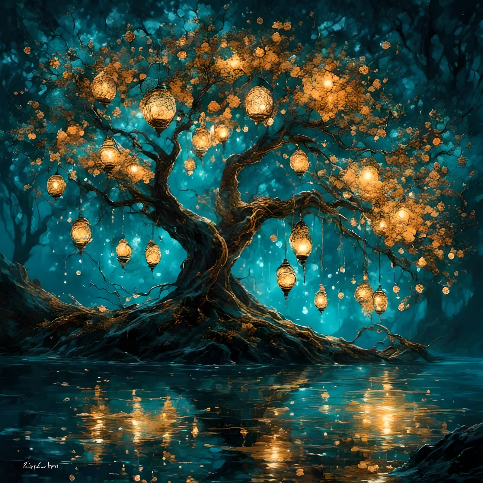 Ethereal Glowing Tree at Night in Abstract