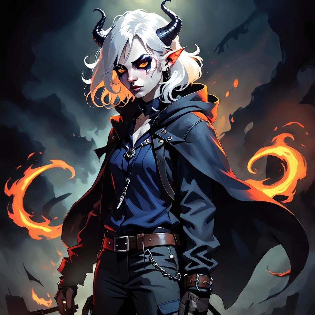 Dramatic Portrait of a Tiefling Warrior in Dark Fantasy Styl...