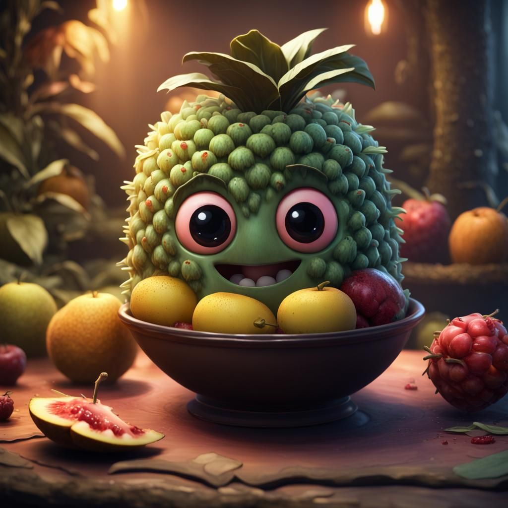 Cute Pineapple Character on Bowl of Fruit