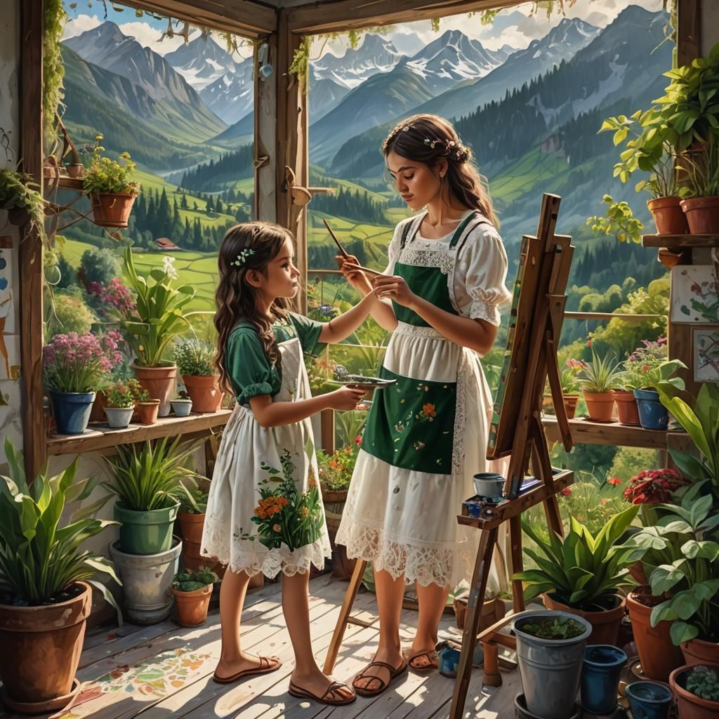 Girl Painting Self-Portrait in Bohemian Art Room