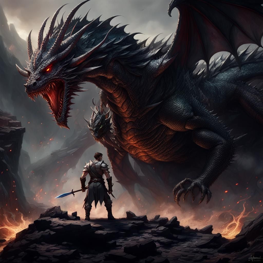Warrior Confronts Dragon in Dark Fantasy Art