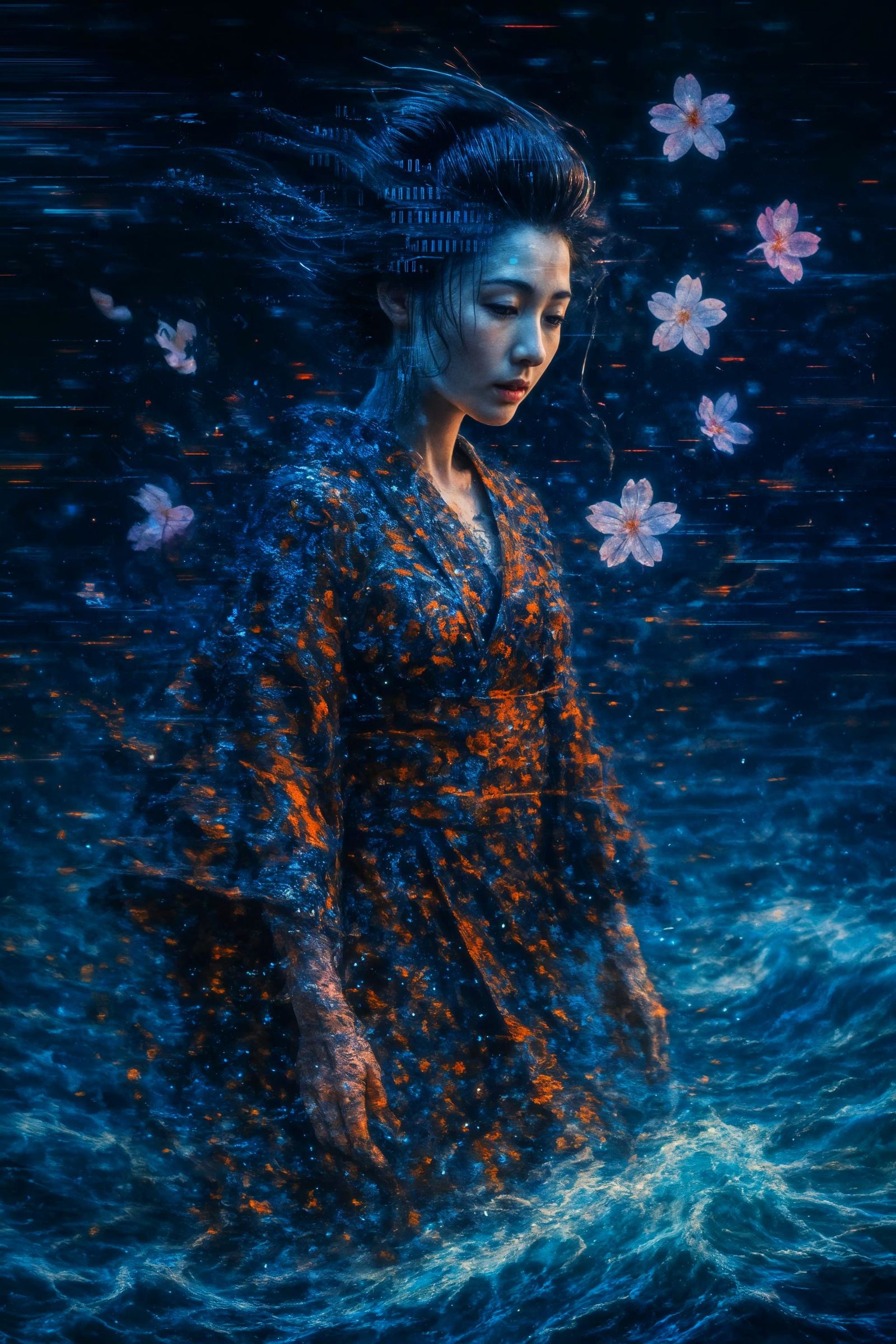 Cyberpunk Geisha Emerges from Dissolving Pixels