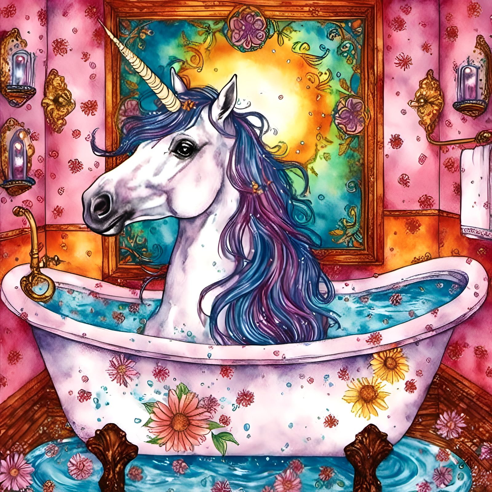 <lora:Watercolor Fantasy :1.0> A unicorn soaking in a clawfoot bathtub enjoying a spa day in a bohemian bathroom
