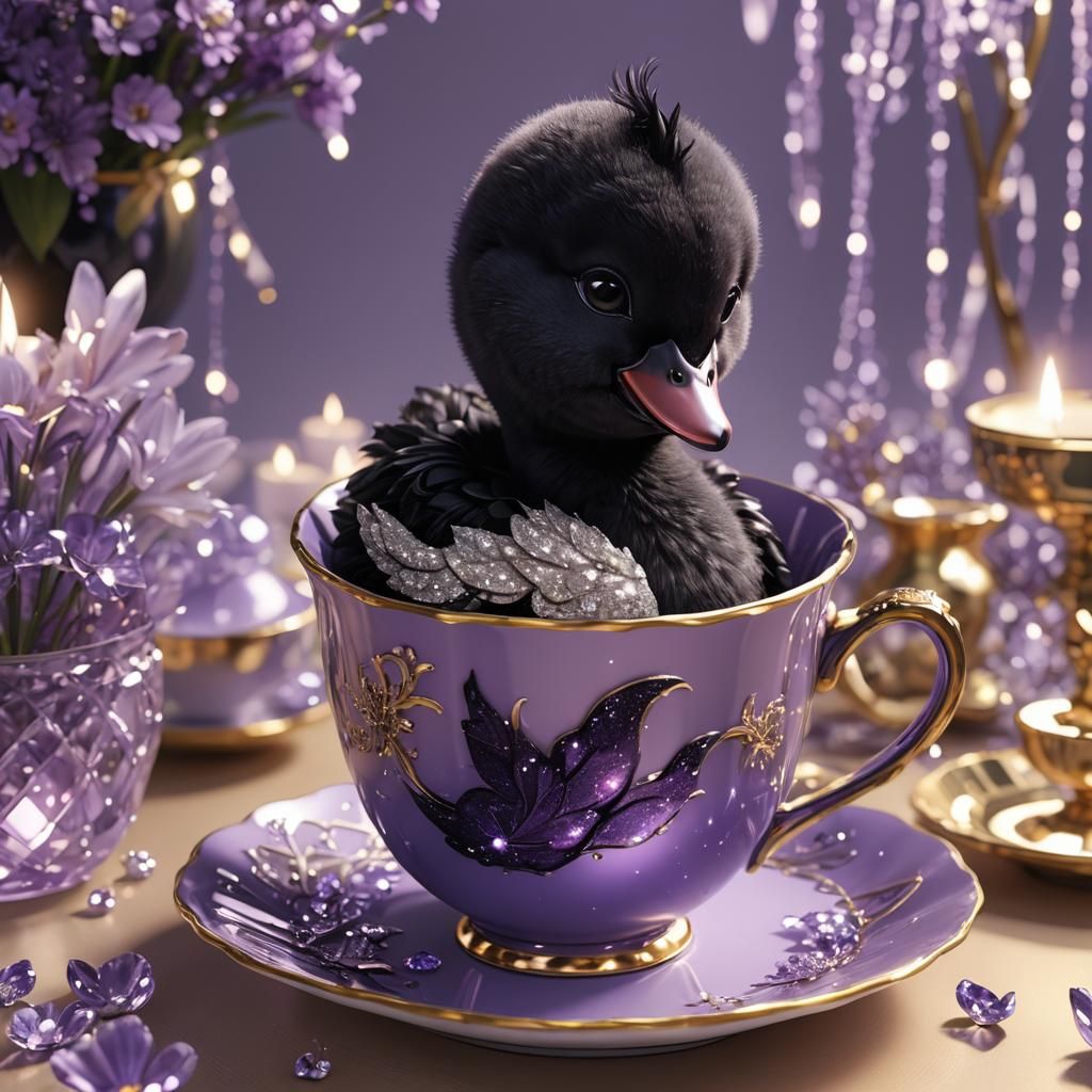 Cute Black Swan in Teacup: 3D Anime Art