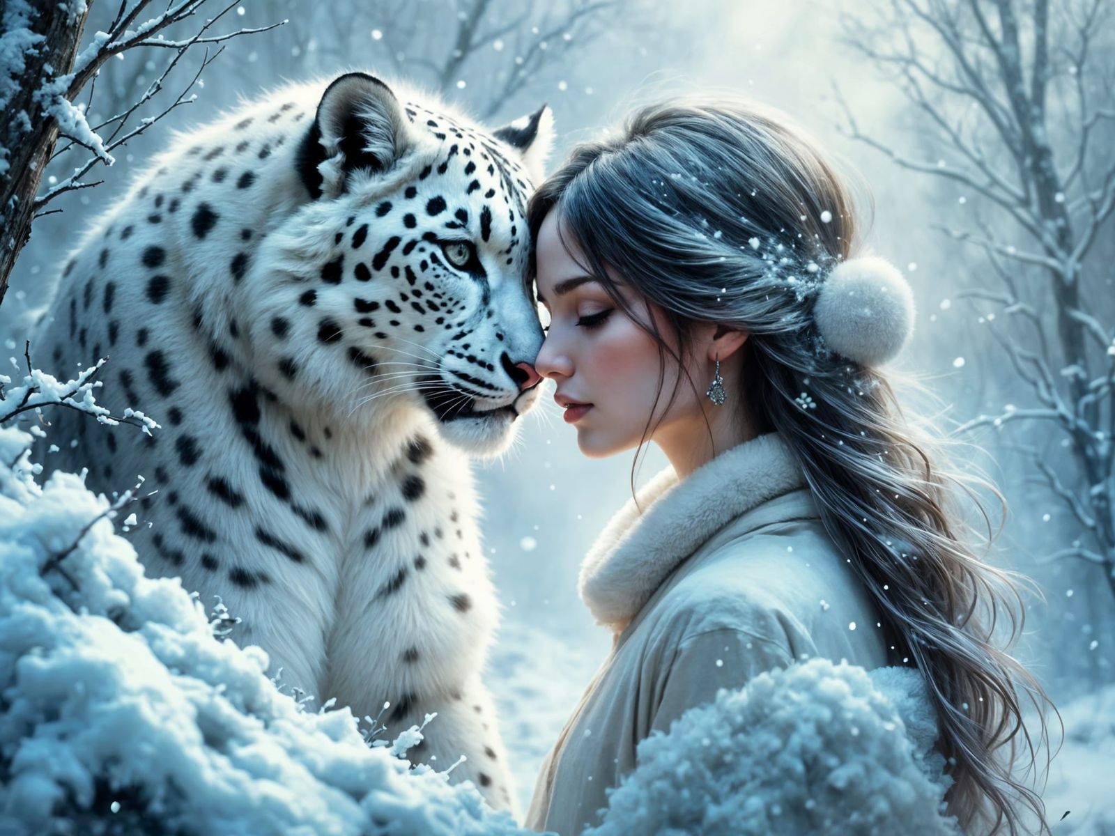 Ethereal Winter Scene of a Woman and Snow Leopard in Harmony