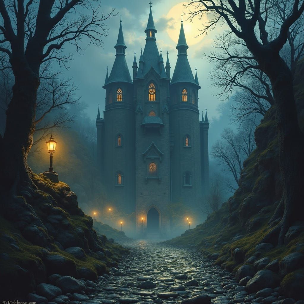 Dark Fantasy Scene in a Thomas Kinkade-Inspired Style